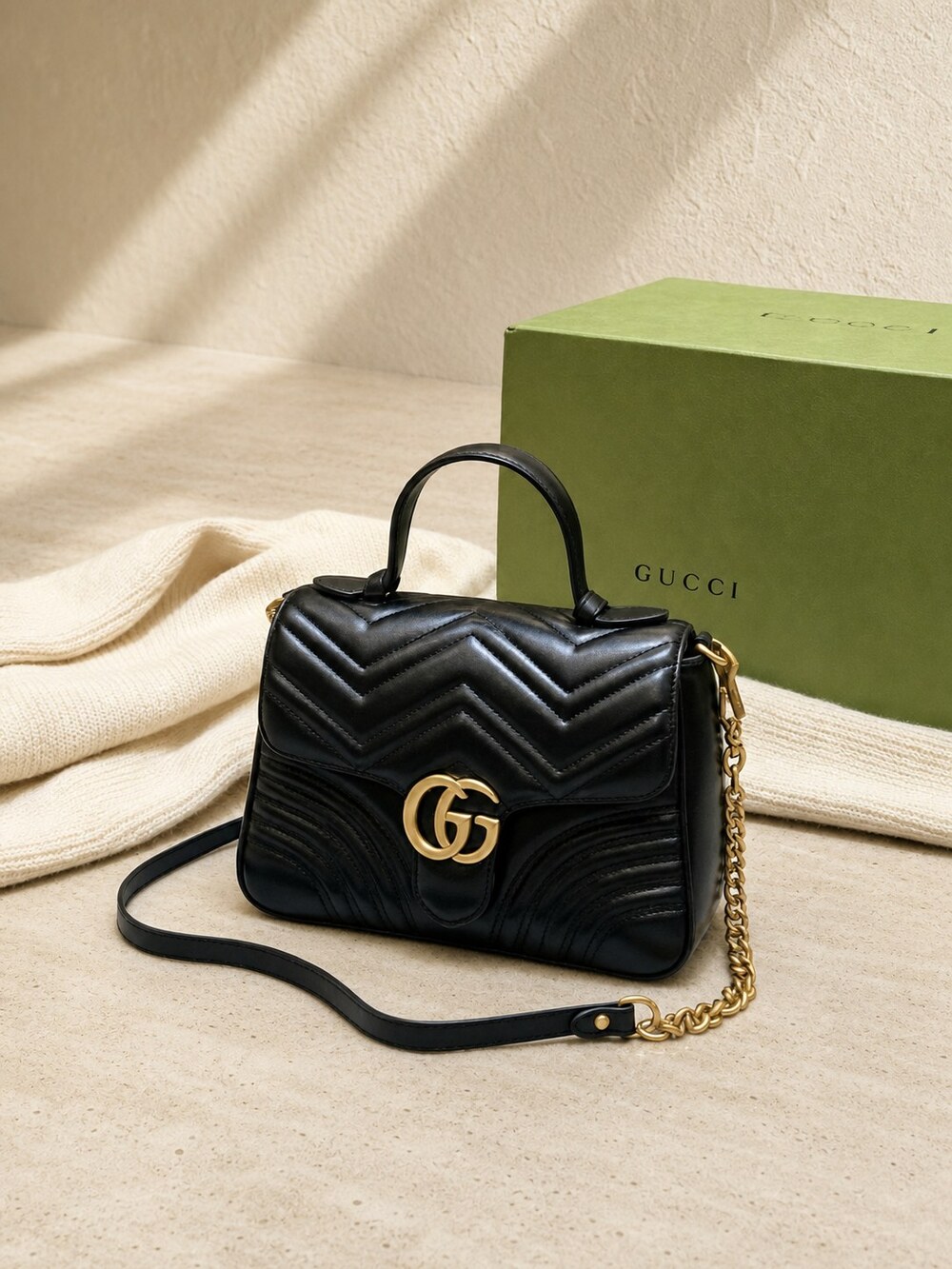 Gucci 583571 Top Handle Bag | Medium GG Marmont Matelassé in Black Leather